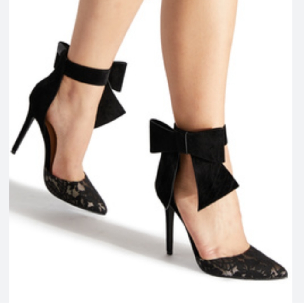 Shoe Dazzle Black Lace Pointed-Toe Bow Ankle Strap Heels size 11